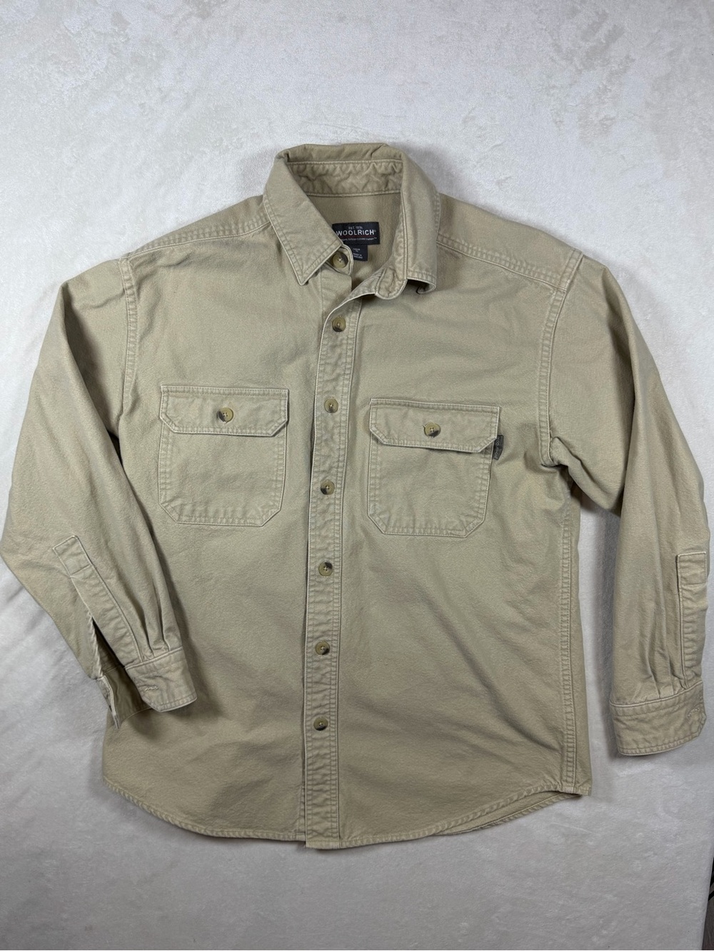 Woolrich Men's Medium Heavy Structured Khaki Button-Down Utility Shirt Jacket
